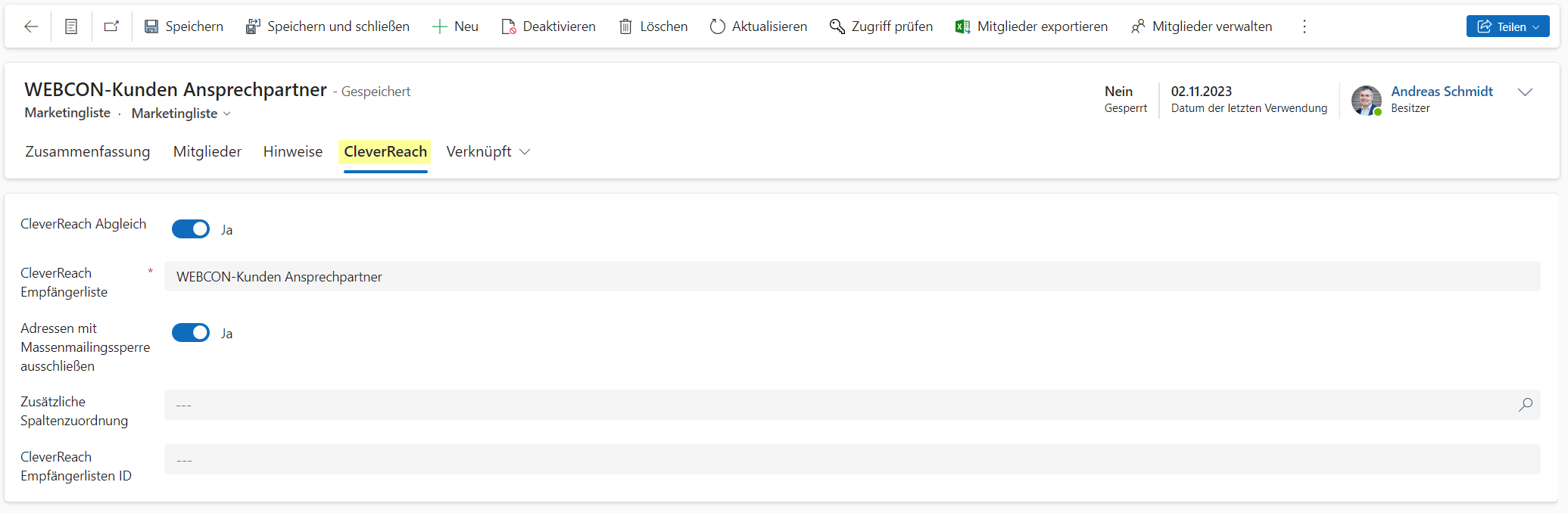 Erweiterung der Marketinglisten für den CleverReach-Abgleich